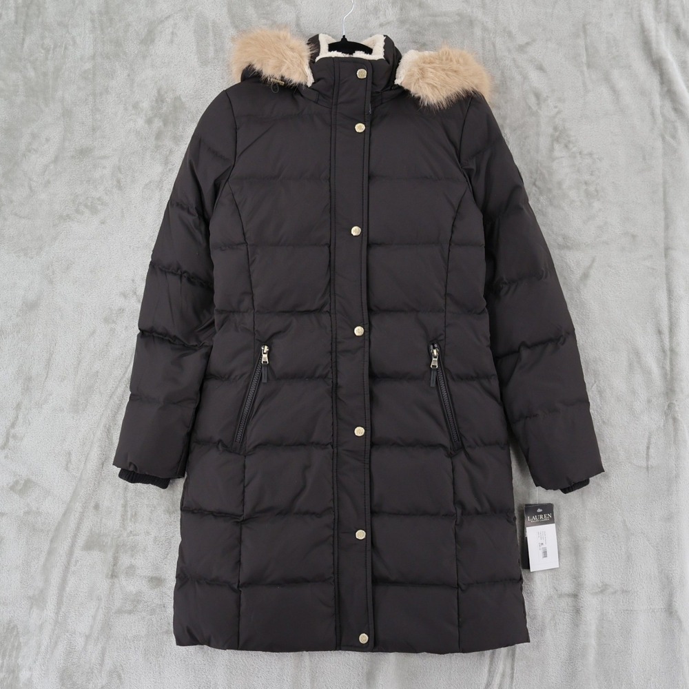 LRL Ralph Lauren Faux-Fur Hood Down Puffer Coat Women XS Black Longline $365 NWT
